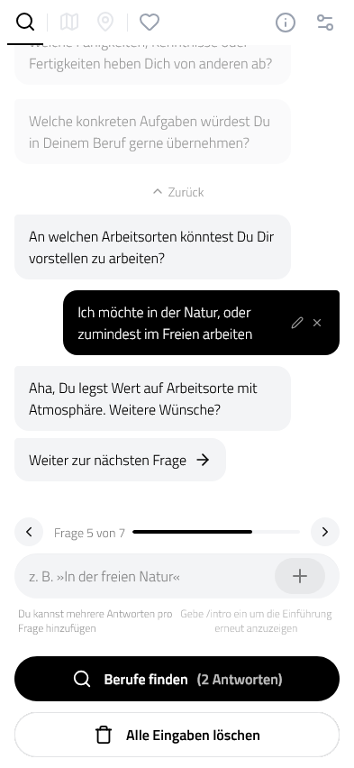 Career Atlas chat: an open question about preferred workplaces, answered in free text