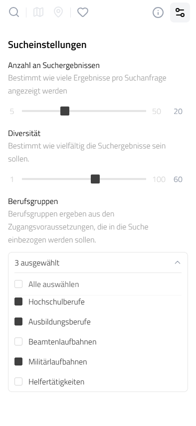Career Atlas search settings: number of results, diversity, occupational groups